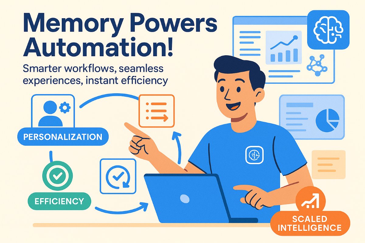 Infographic showing an AI assistant with memory powering automated workflows, personalization, efficiency, and seamless user interactions.