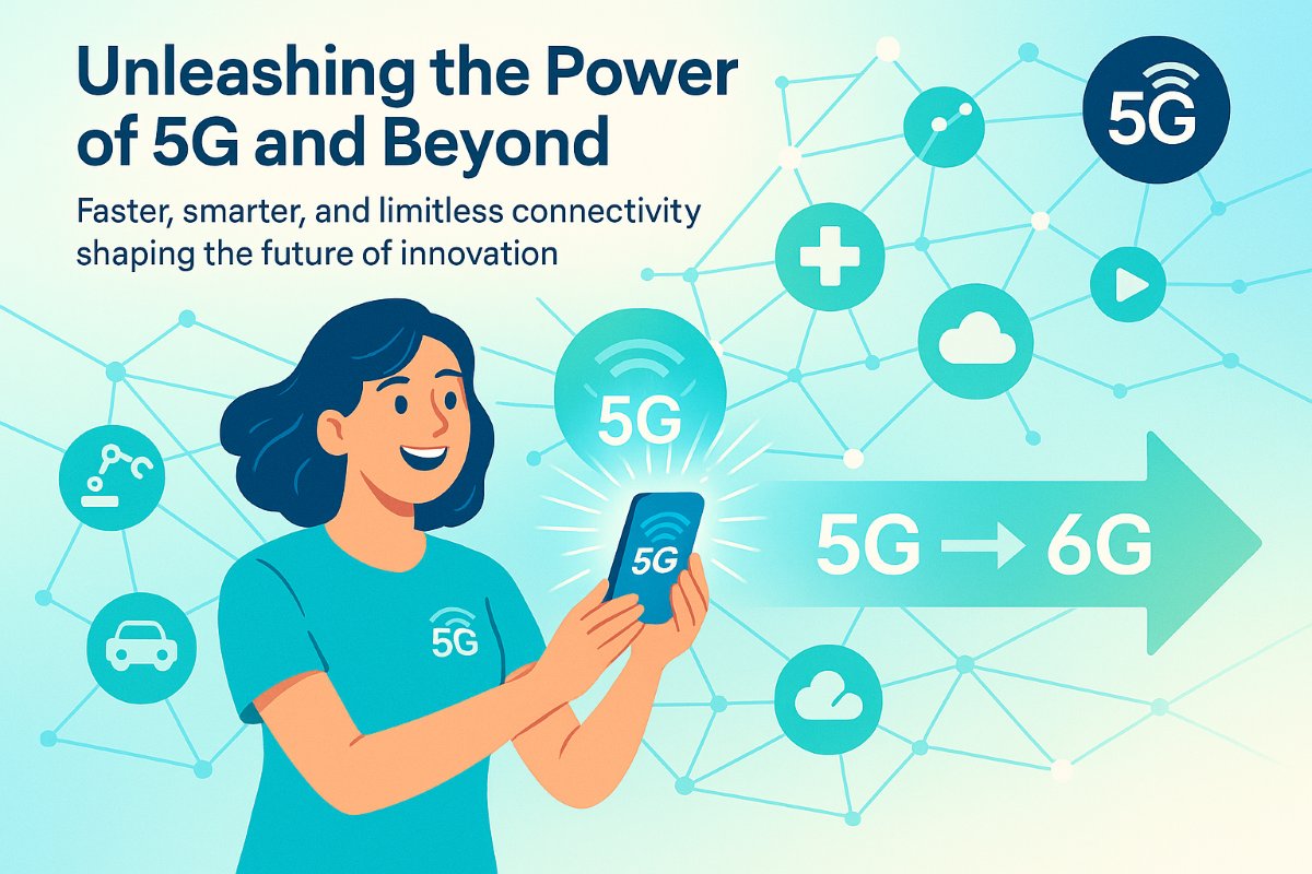 Infographic of a young professional woman showcasing 5G and 6G digital infrastructure with AR/VR headset, IoT devices, network lines, and workflow arrows illustrating futuristic connectivity