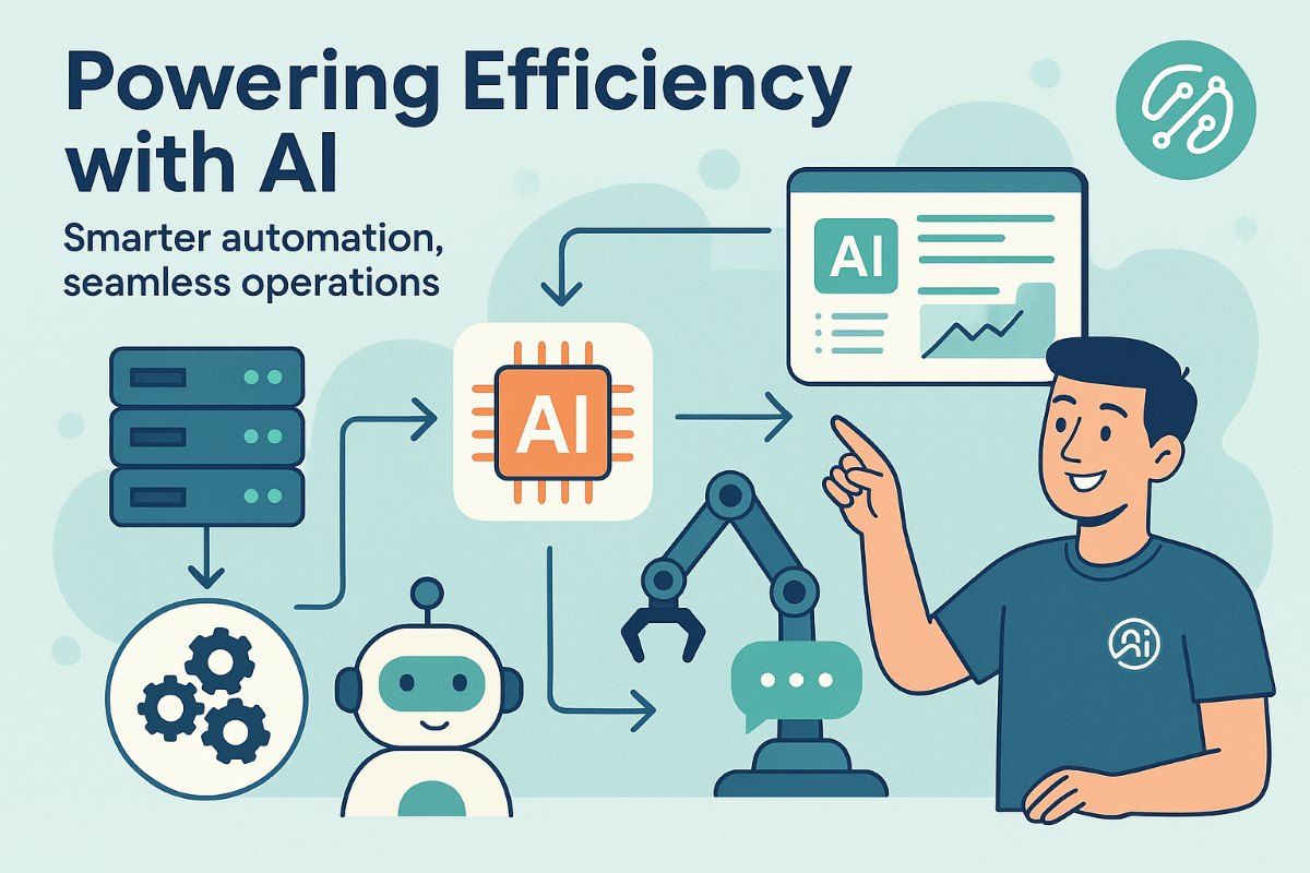 Infographic illustrating AI and automation in digital infrastructure with workflow icons, badges, and a professional user interacting with smart systems.