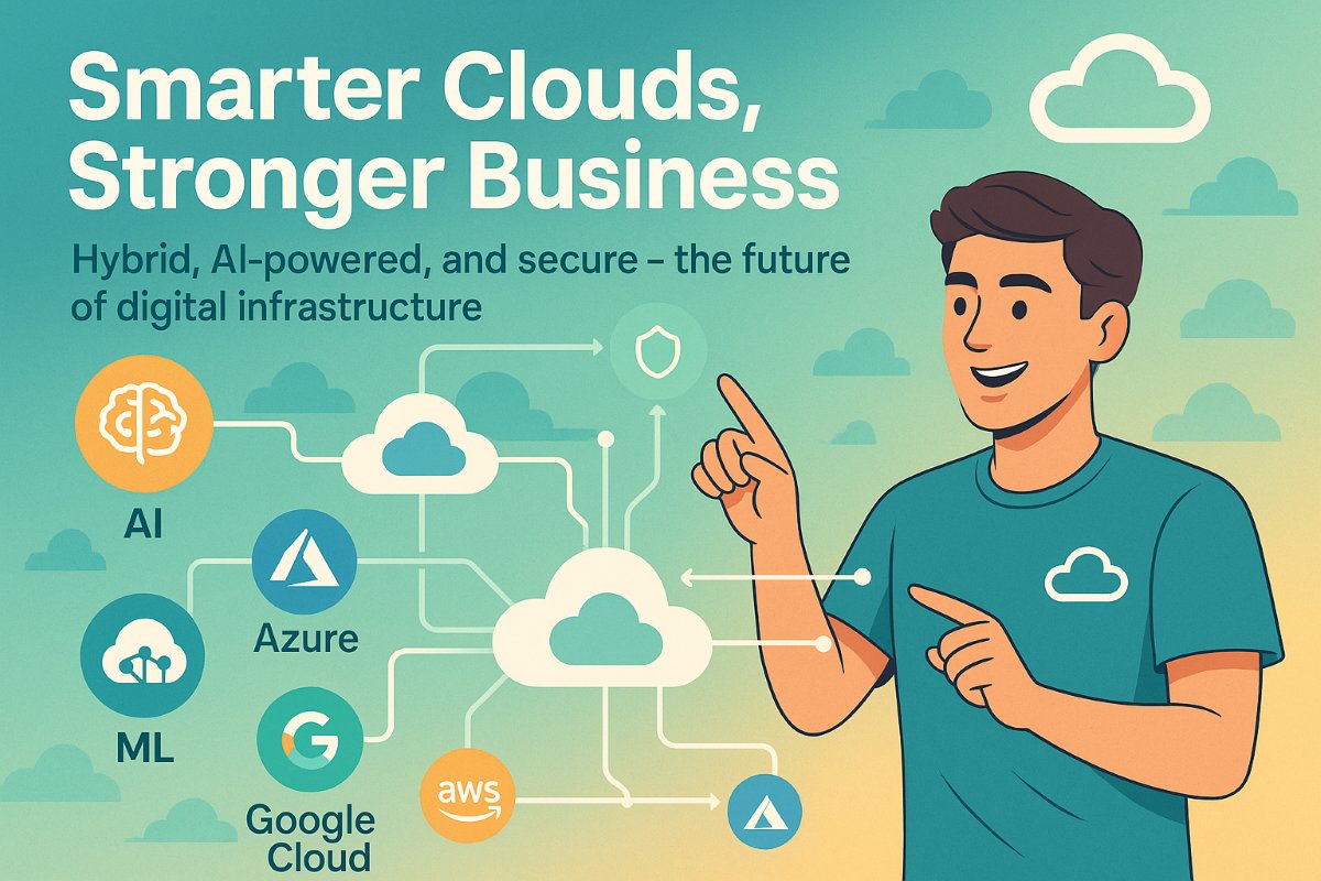 Infographic showing the evolution of digital infrastructure with hybrid cloud, AI integration, and security features.