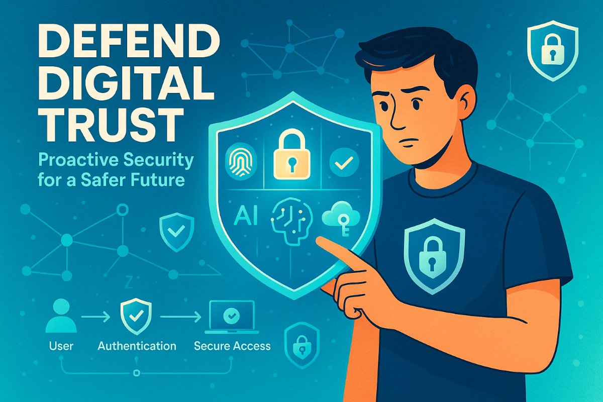 Infographic showing proactive cybersecurity strategies, Zero Trust model, and AI-driven threat detection in digital infrastructure.