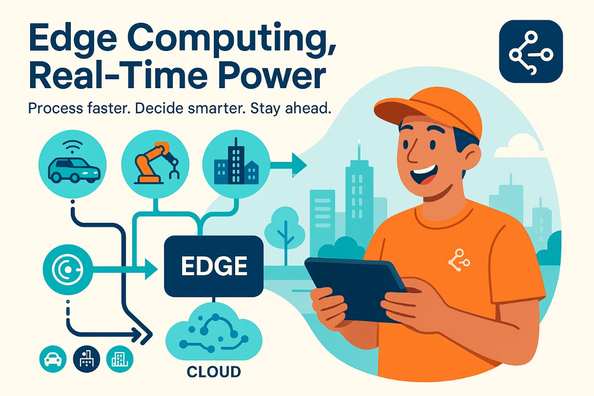 Infographic showing edge computing in digital infrastructure with data flowing from devices to the cloud, featuring an active user and icons for smart cities, industrial automation, and autonomous vehicles.