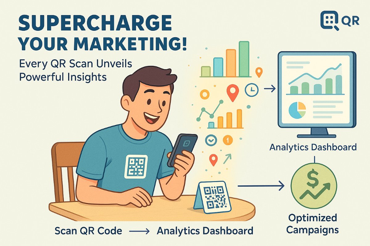 Infographic showing a user scanning a QR code at a restaurant table, with data elements like charts, graphs, and location pins flowing into an analytics dashboard, demonstrating how a QR code generator for URLs enables smarter marketing decisions.
