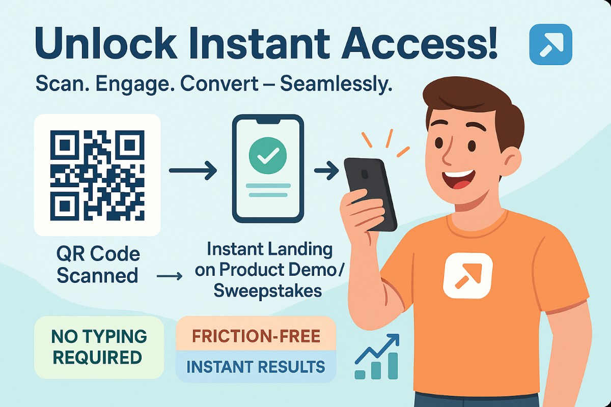 Infographic showing a user scanning a QR code to instantly access a product demo, survey, or sweepstakes page, highlighting seamless engagement and conversion.