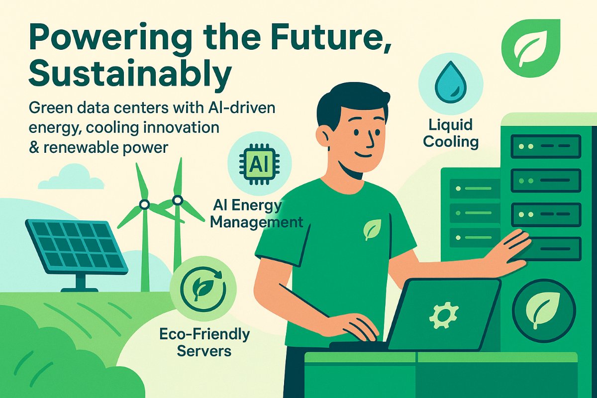 Infographic showing sustainable and green digital infrastructure with energy-efficient data centers, renewable energy, AI-driven energy management, and eco-friendly technology.