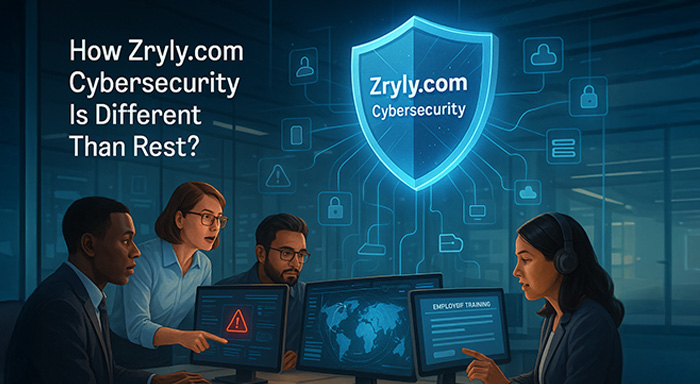 Team of professionals analyzing cybersecurity data with Zryly.com shield logo, highlighting employee training and secure digital practices.