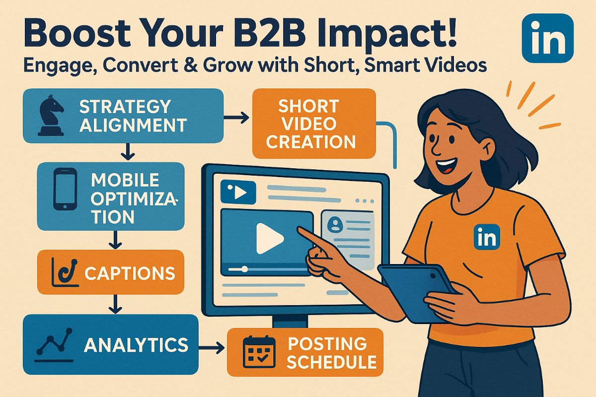 Infographic showing an effective LinkedIn video marketing strategy for B2B, including workflow steps, short video tips, mobile optimization, analytics, and engagement techniques.
