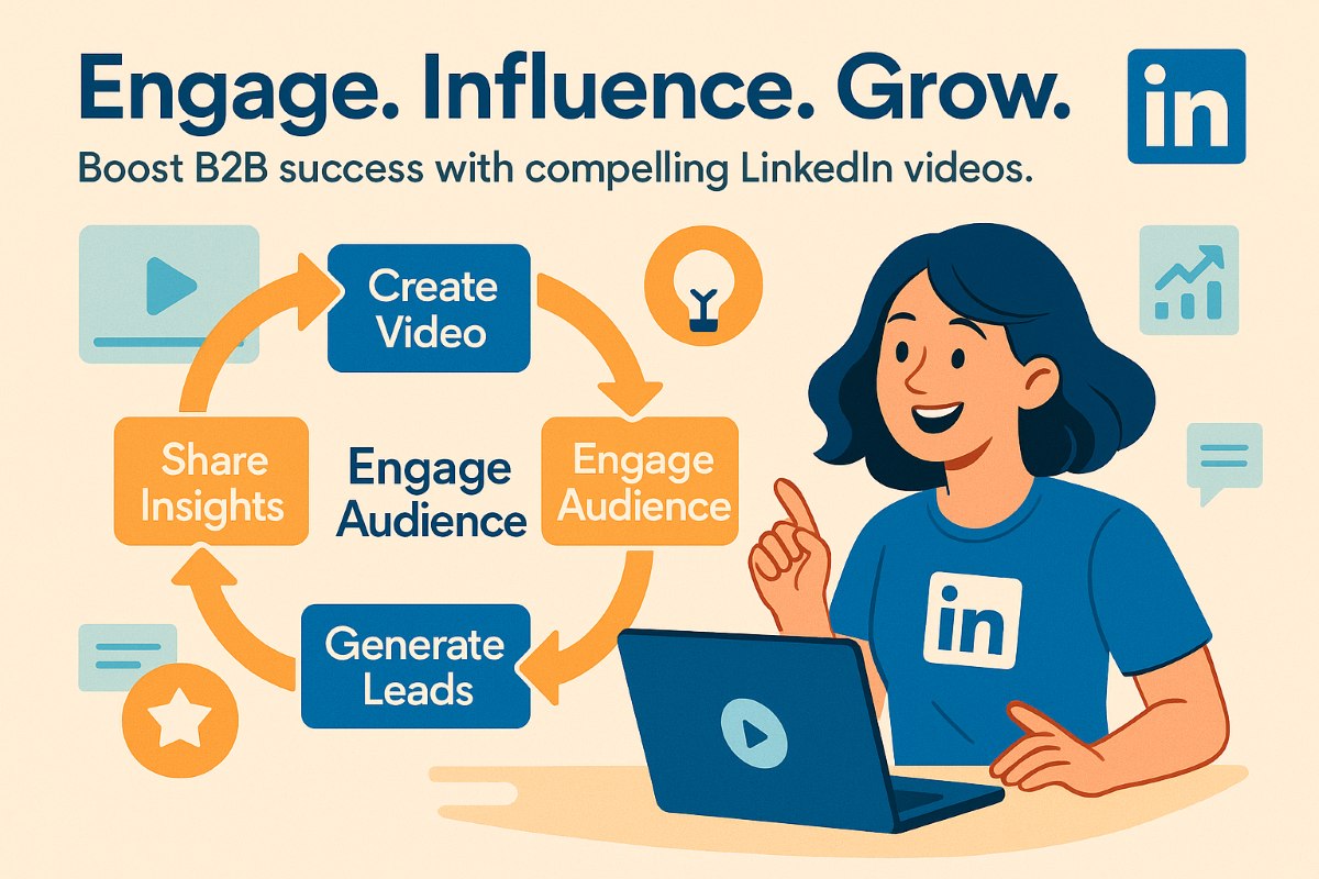 A professional actively engaging with digital dashboards and icons, representing LinkedIn video marketing strategies for B2B growth and client engagement.