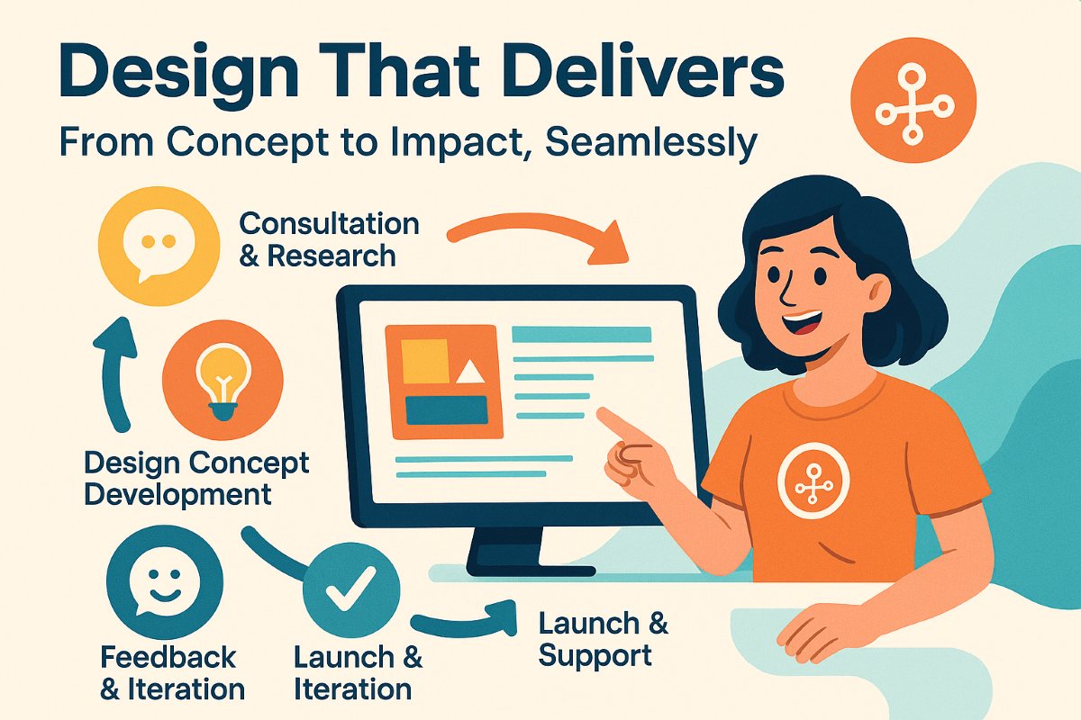 Infographic illustrating the digital design implementation workflow by Gapsy Studio, a top design agency, showing consultation, design concept, UI optimization, feedback, and launch steps.