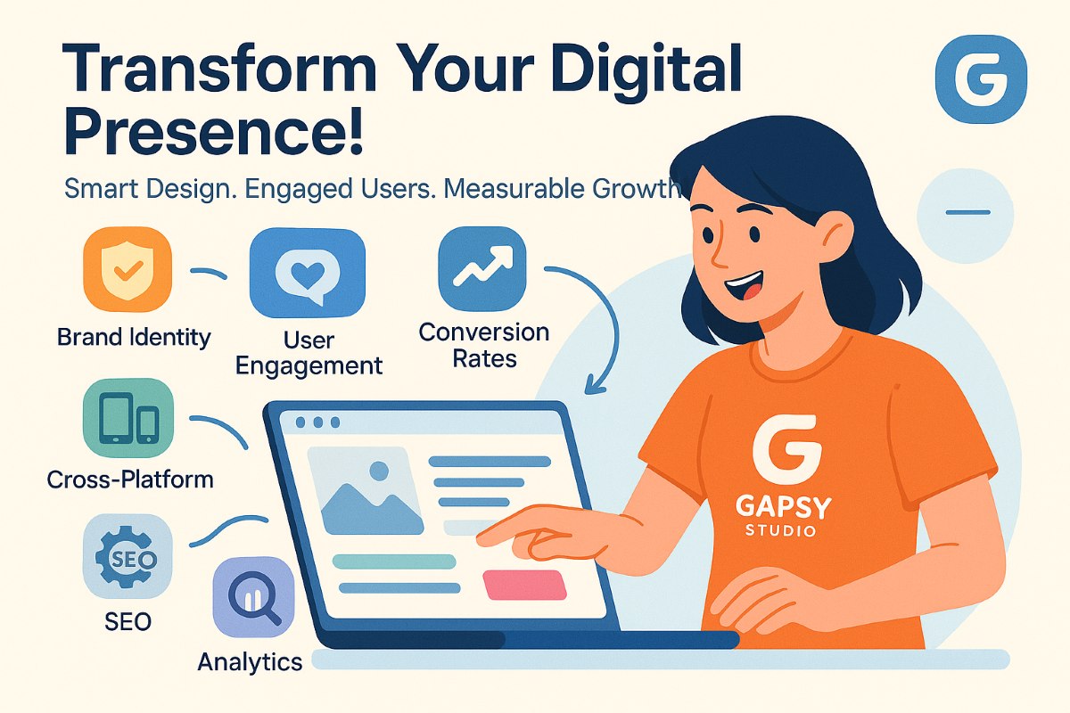 Infographic showing key benefits of professional digital design by Gapsy Studio, including enhanced brand identity, increased user engagement, higher conversion rates, and scalable, SEO-friendly design.