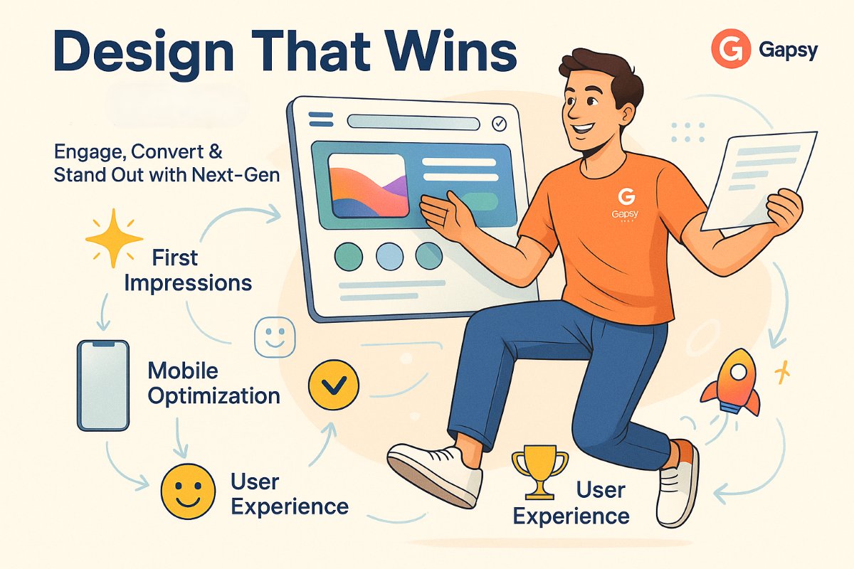 Infographic showing modern UX design workflow with active professional, highlighting first impressions, mobile optimization, user experience, and competitive advantage for Gapsy Studio.