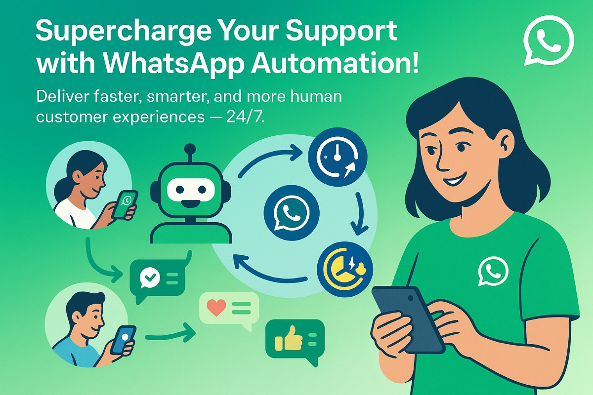 Infographic showing key benefits of WhatsApp automation for customer service including faster response, 24/7 support, and personalized messaging.