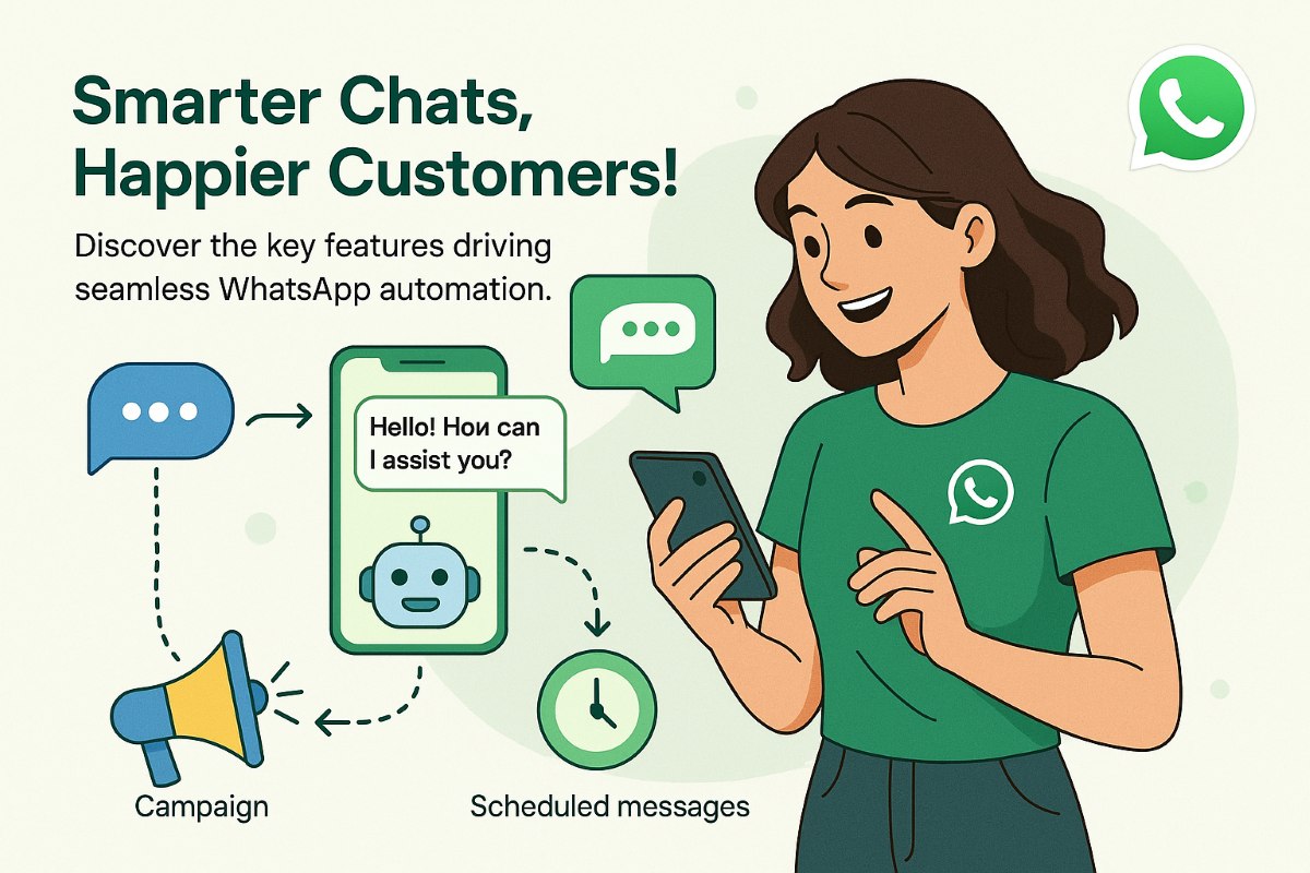 Infographic showing WhatsApp automation features like auto-replies, AI chatbots, and message scheduling with a dynamic user interacting.