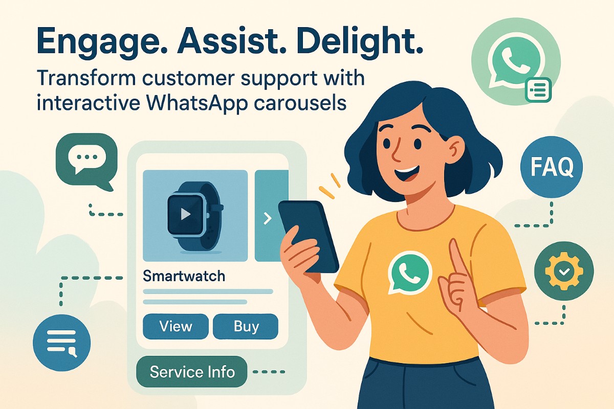 Infographic showing WhatsApp automation workflow with interactive carousels, user engagement, and self-service features.