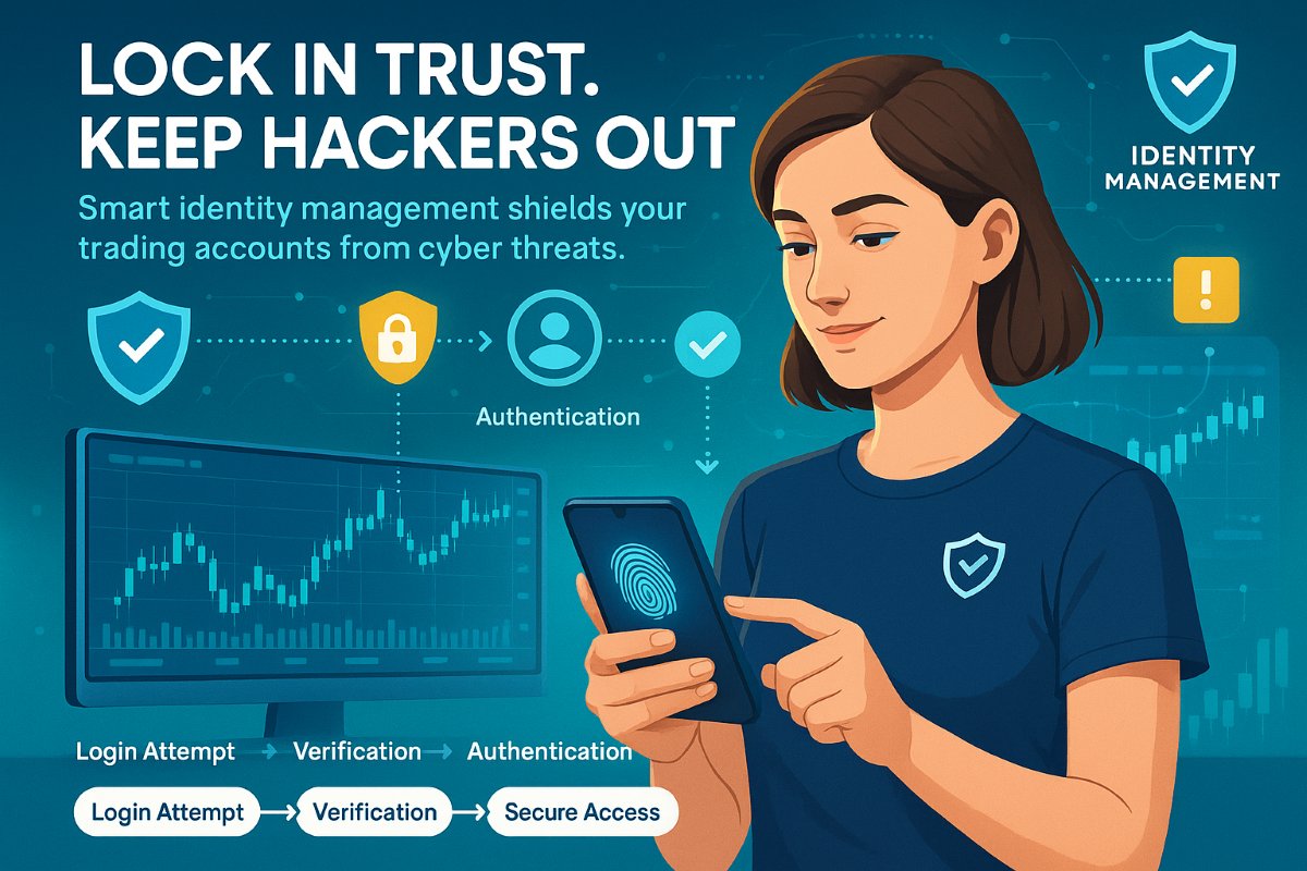 Infographic showing how identity management prevents cybersecurity threats with a trader using multi-factor authentication, fingerprint scan, and security shield icons.