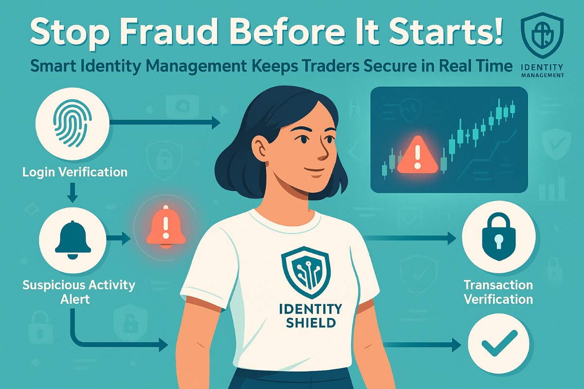 Infographic showing how identity management prevents online trading fraud with real-time monitoring, verification icons, and a confident female trader.