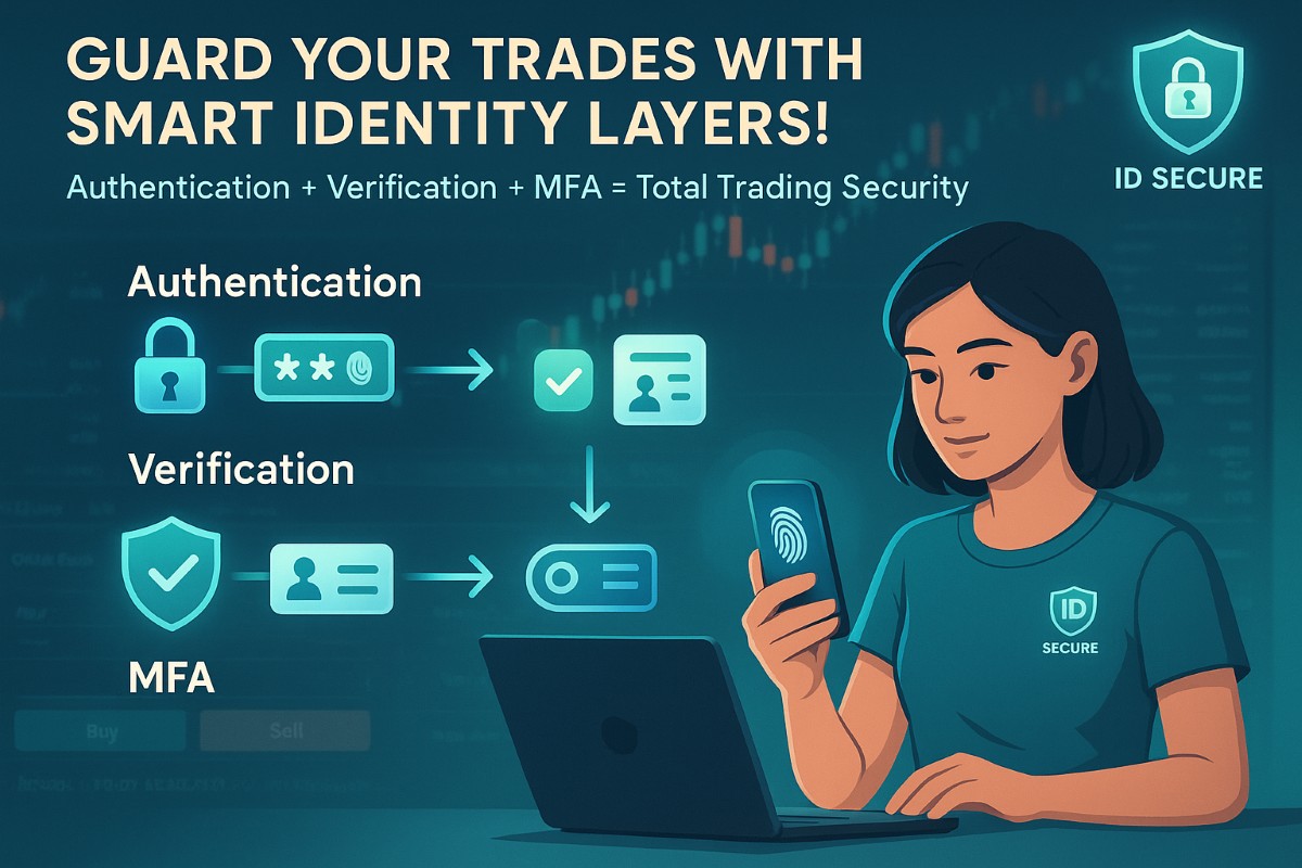 Infographic showing identity management in online trading with authentication, verification, and multi-factor authentication workflow for secure trading accounts.