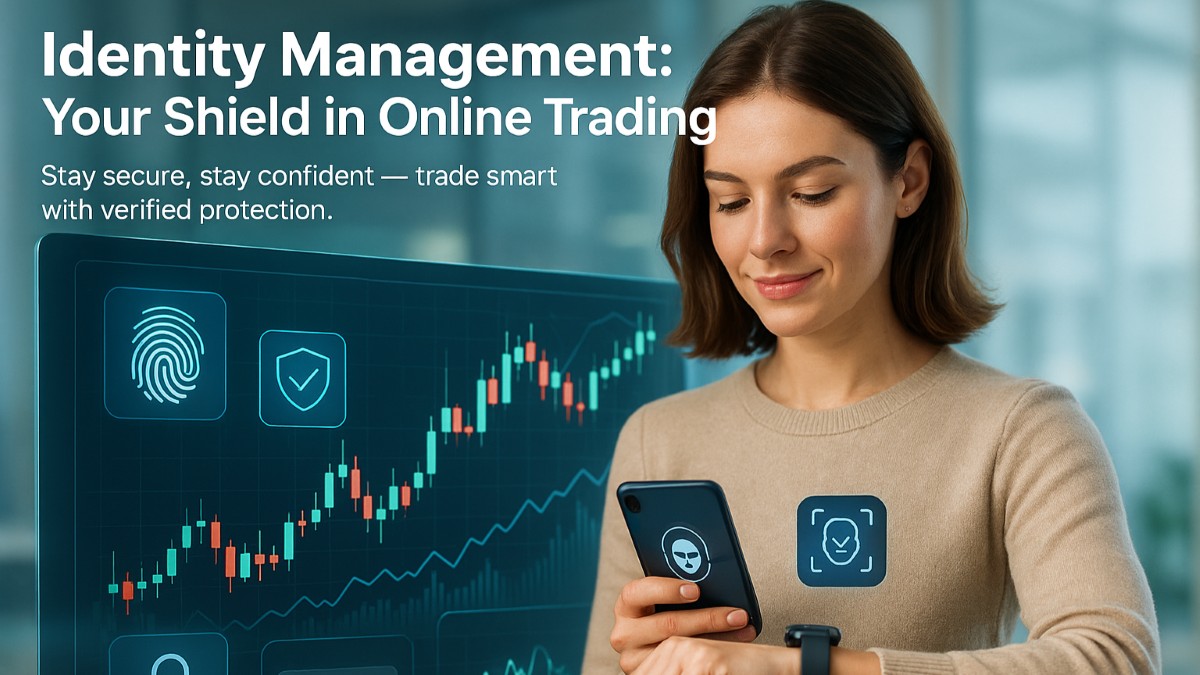 Confident trader using biometric identity management for secure online trading with digital verification icons and security dashboard