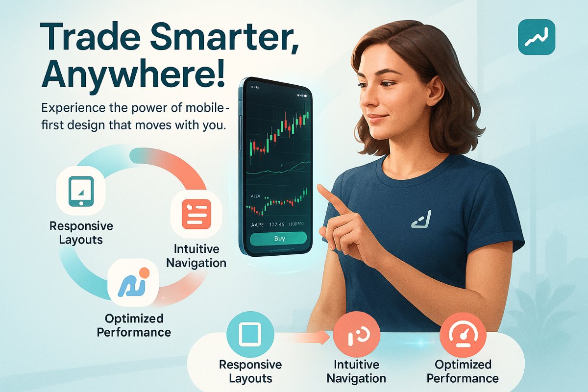 Infographic showing key features of mobile-first design in trading apps, including responsive layouts, intuitive navigation, real-time updates, and optimized performance.