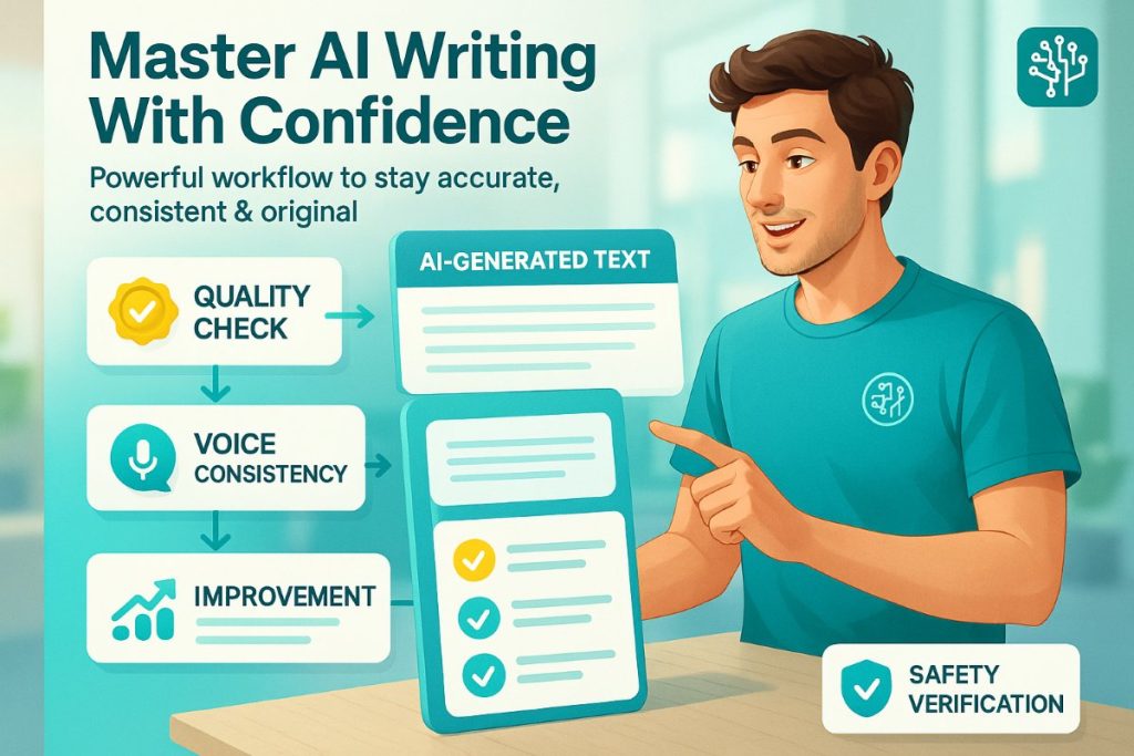 Infographic showing a writer reviewing content using AI writing tools with workflow icons, quality assurance checklist, and voice consistency elements.