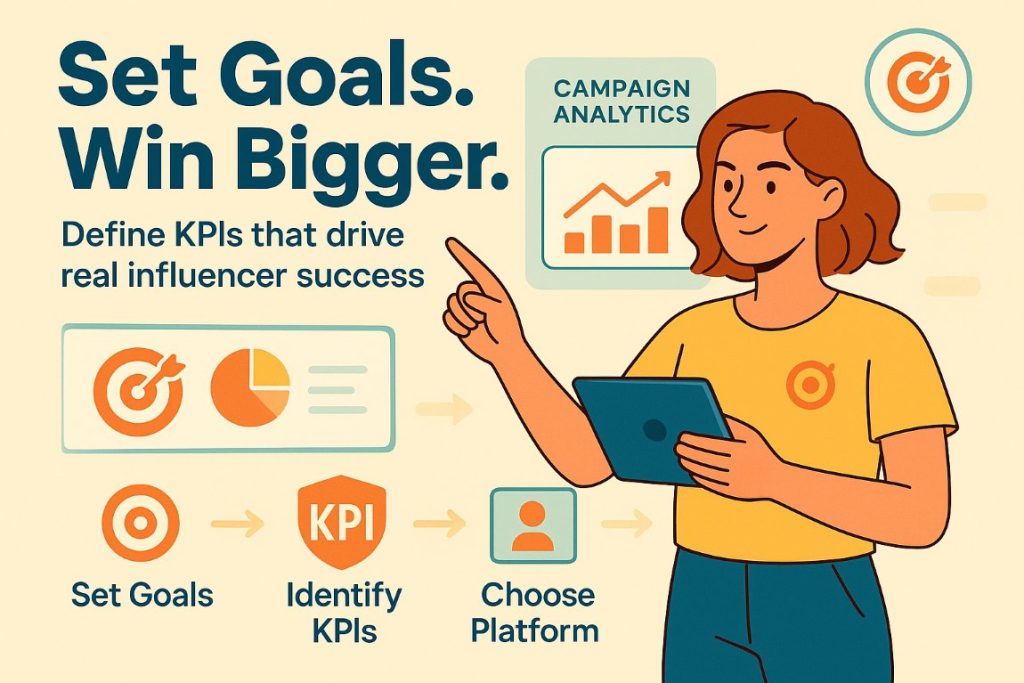 Infographic illustrating campaign goal-setting for choosing a micro-influencer marketing platform, featuring workflow icons and an active user analyzing KPIs.