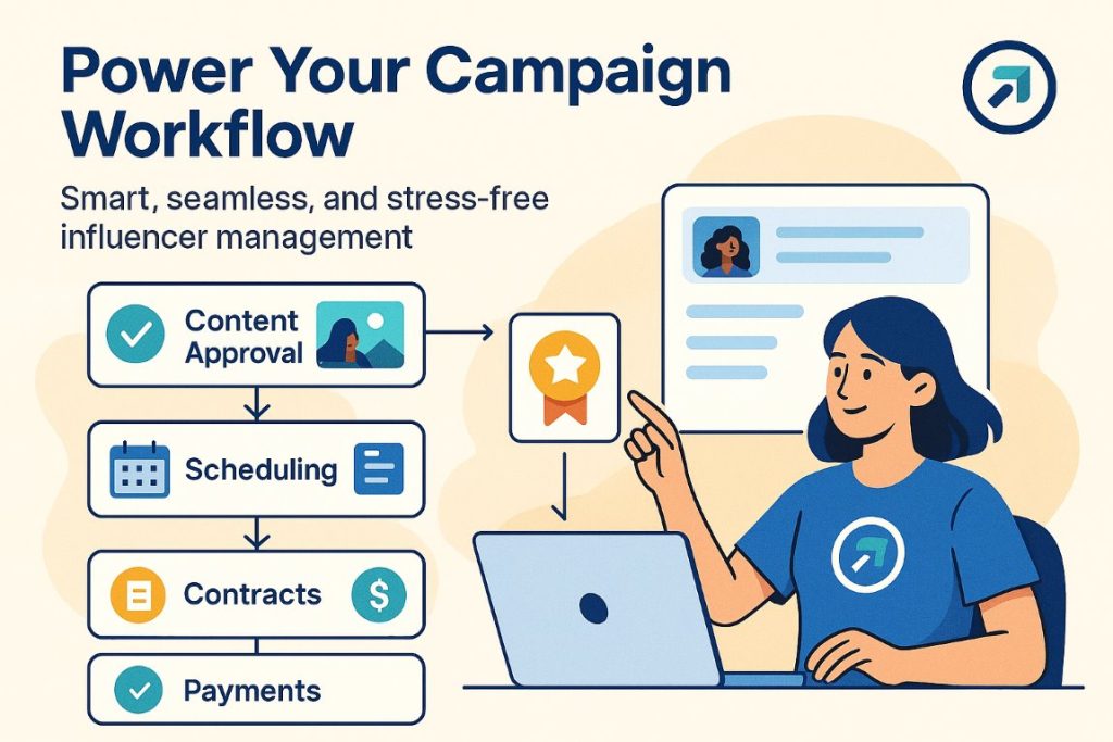 Infographic showing workflow tools of a micro influencer marketing platform, including content approvals, scheduling, contracts, and payments with an active user managing the campaign.