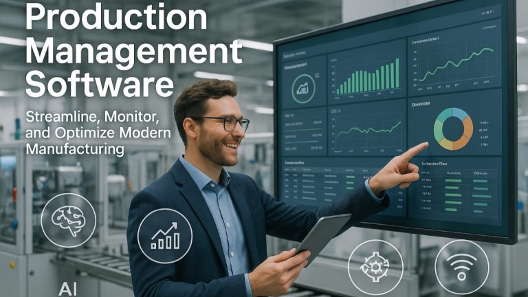 Production Management Software dashboard with smart user analyzing real-time manufacturing data, AI and automation icons
