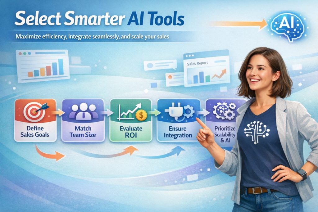 Infographic showing steps to choose the right AI tool for outbound sales, with workflow icons, badges, and an active user engaging with dashboards
