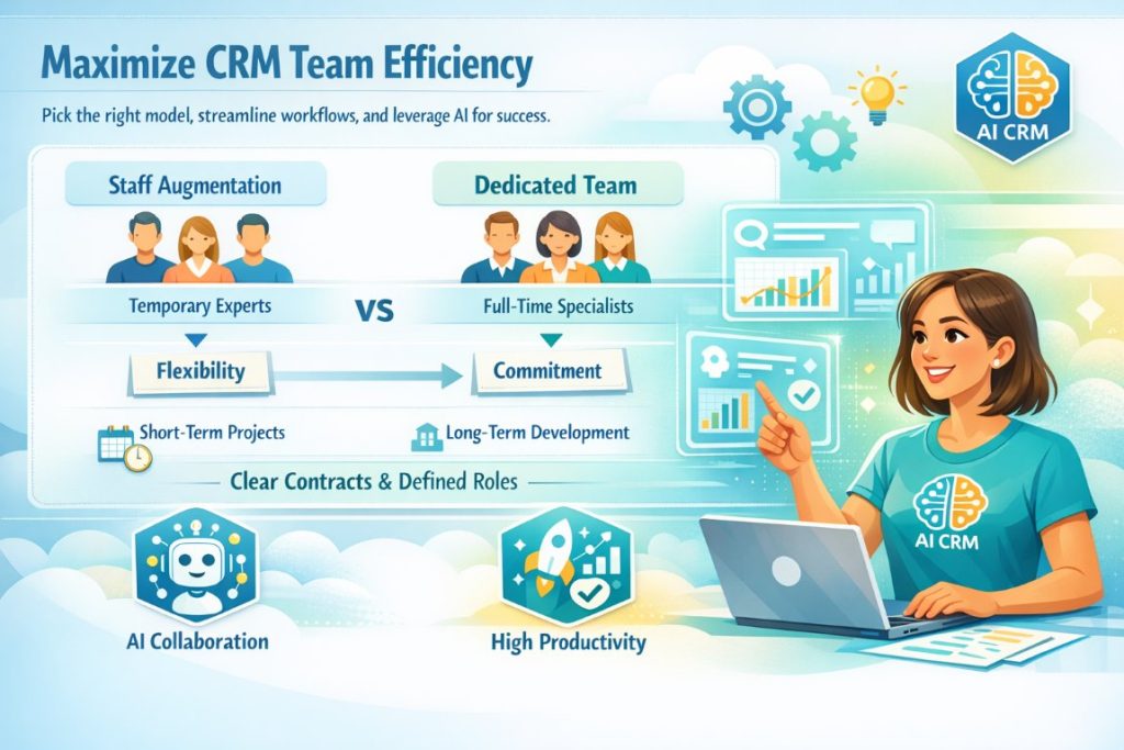 Infographic showing collaboration models and contract types for CRM development, including staff augmentation, dedicated teams, AI-assisted workflows, and productivity optimization.