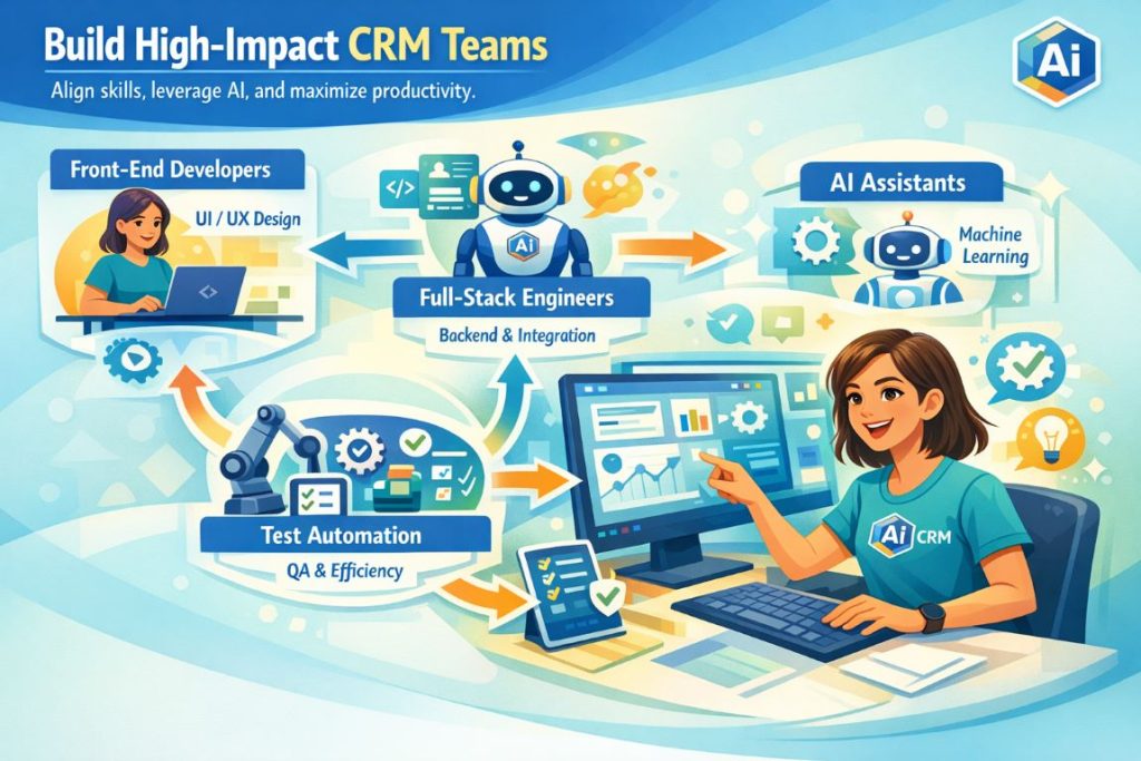 Infographic showing key team competencies for CRM development, including front-end and full-stack developers, AI assistants, product owners, and collaboration workflow.