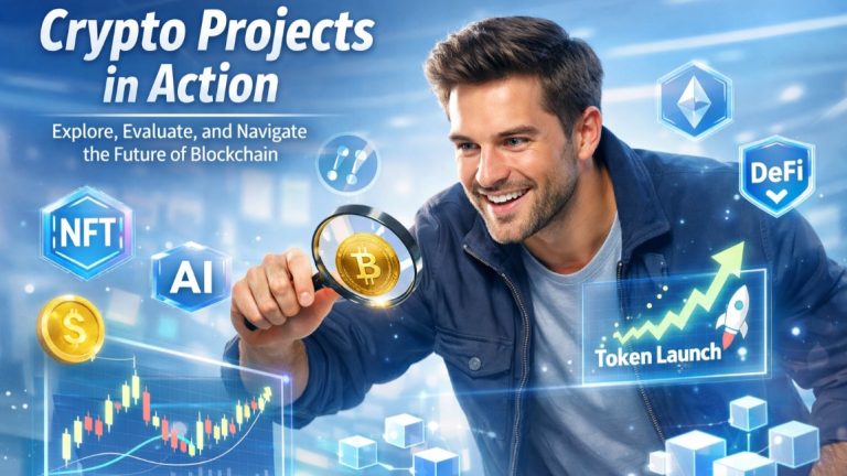 Smart investor analyzing crypto projects with holographic charts and token dashboards