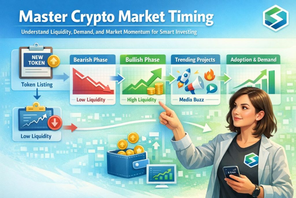 Infographic illustrating timing and market cycles of crypto projects with charts, liquidity, adoption trends, and a smart user analyzing performance