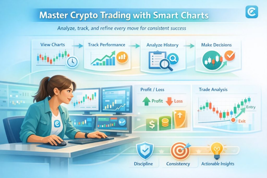 Infographic showing how a cryptocurrency app helps traders analyze charts, track performance, and make disciplined trading decisions