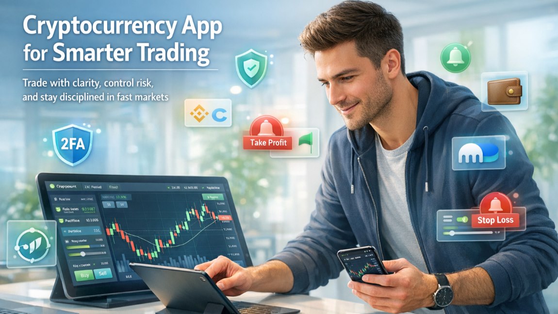 Modern cryptocurrency app showing smart trading, risk management, and real-time crypto charts