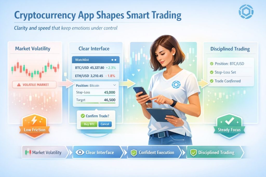 Infographic showing how a cryptocurrency app helps traders stay disciplined, manage risk, and make fast, clear decisions