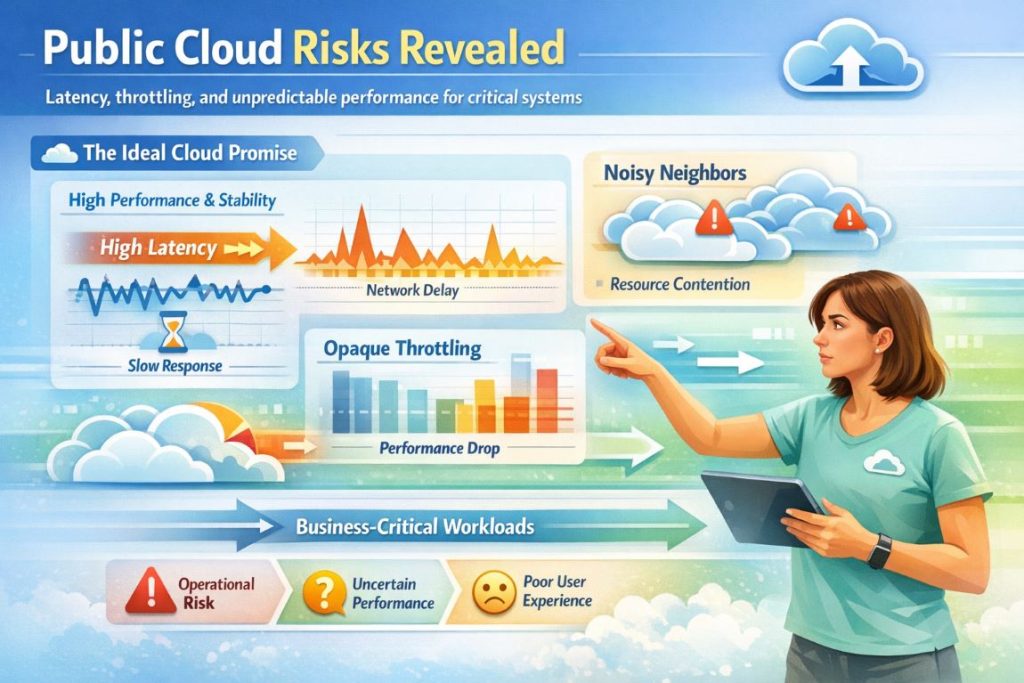 Infographic illustrating Dedicated Servers vs Cloud, highlighting public cloud limitations such as latency variance, noisy neighbors, and throttling, with an active business user analyzing performance.