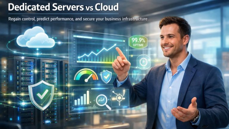 Dedicated Servers vs Cloud visual representation showing VMware ESXi Dedicated Servers, cloud infrastructure, performance, and business control.
