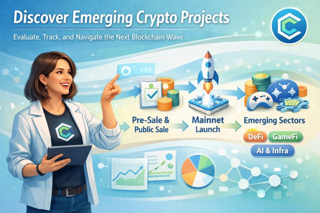 Infographic showing workflow of new crypto projects with stages, icons, and active user analyzing token launches and blockchain sectors