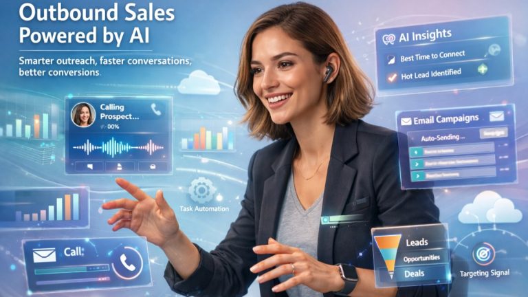 Young sales professional using AI tools for outbound sales, interacting with holographic dashboards and CRM analytics