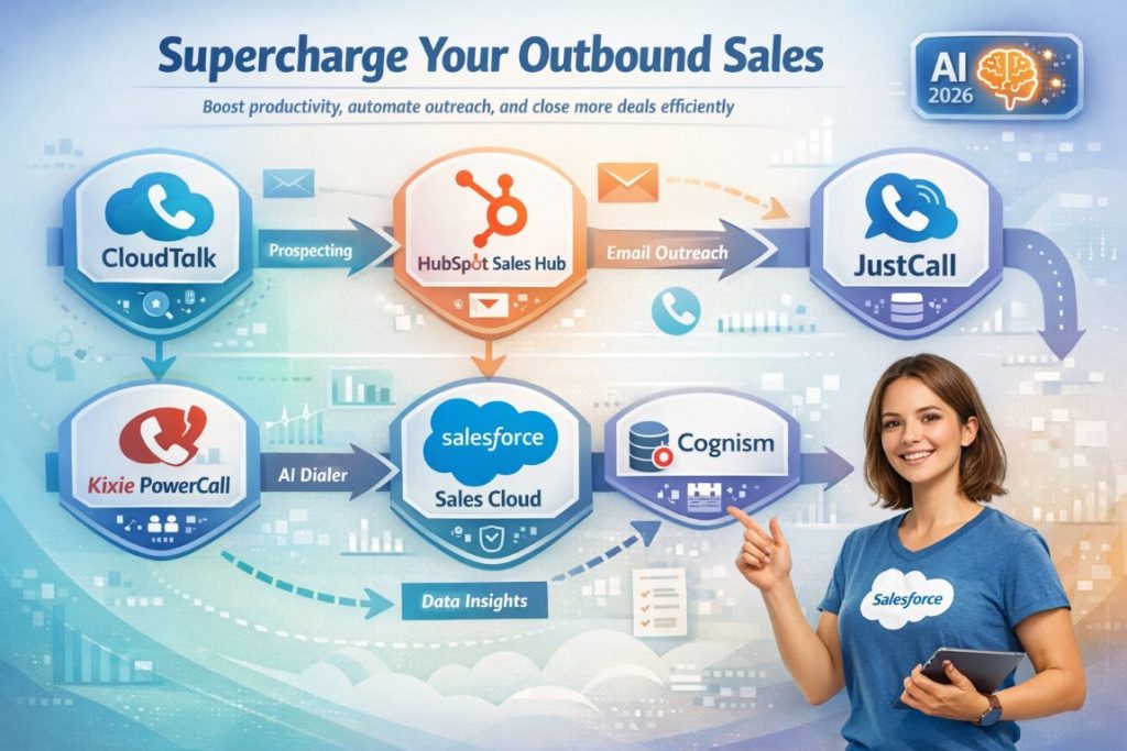 Infographic showing 6 AI tools for outbound sales with workflow, icons, badges, and active user interacting with CRM dashboards