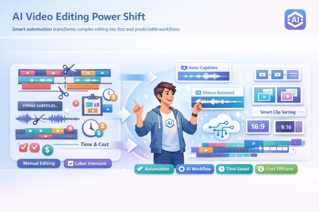 AI video editing infographic showing automated workflow replacing manual editing tasks with smart software tools and streamlined production process