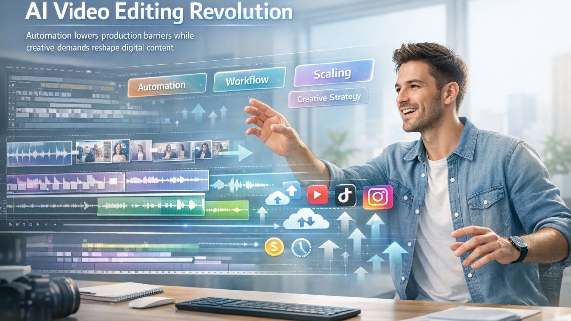 AI video editing automation interface showing smart content creator using holographic editing tools for faster video production workflow