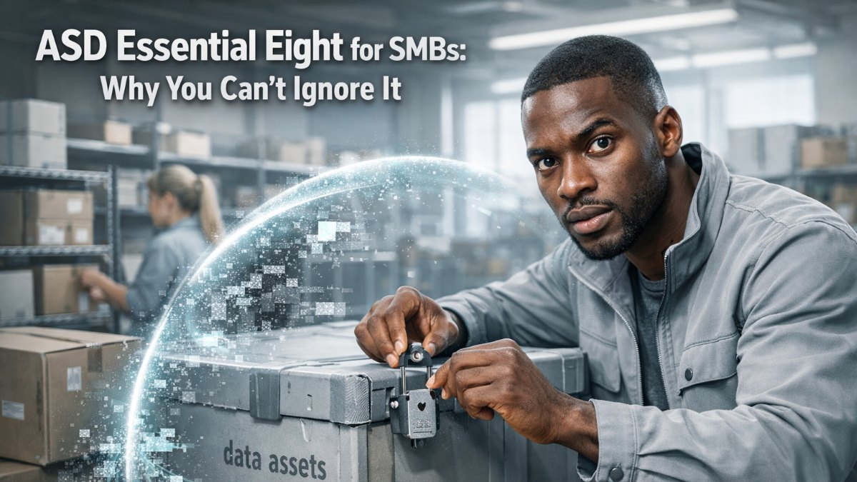 ASD Essential Eight cybersecurity protection for SMBs showing business owner securing assets against cyber threats