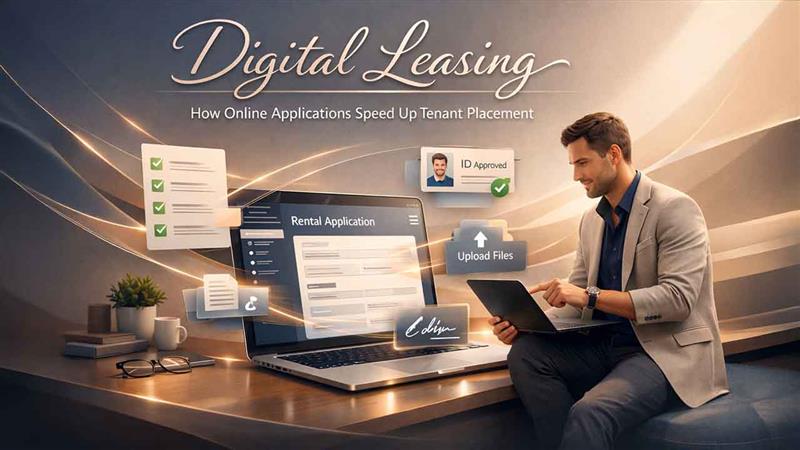 Digital leasing process showing online tenant application and rental agreement signing