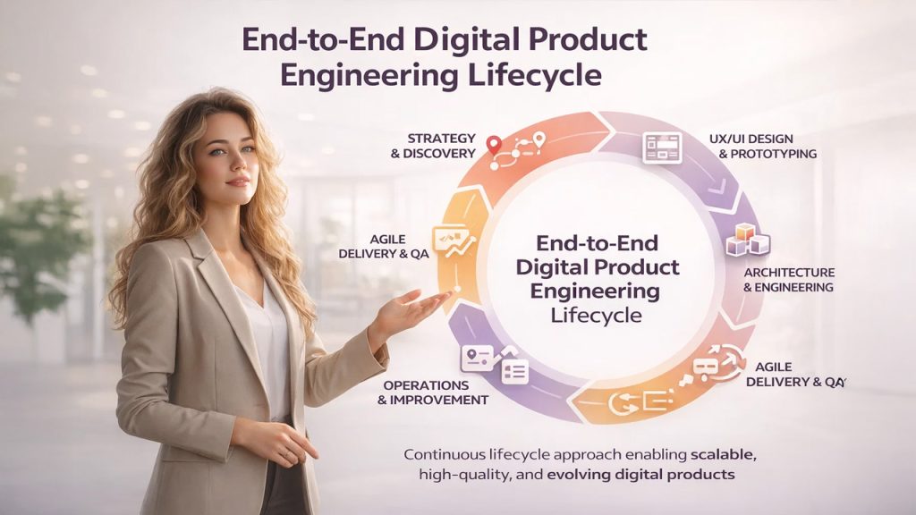 End-to-end digital product engineering lifecycle including strategy, design, development, testing, and deployment