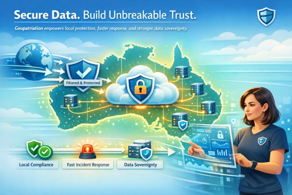 Geopatriation Australia infographic showing secure local data storage, cybersecurity protection, and trust through data sovereignty