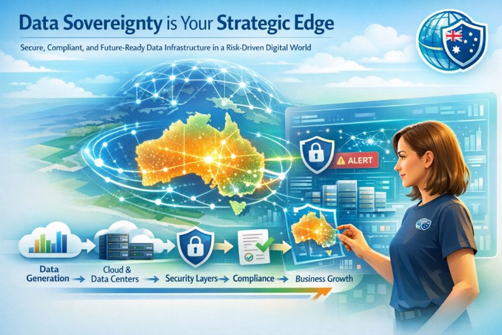 Geopatriation Australia infographic showing data sovereignty, secure data centers, cybersecurity, and compliance benefits