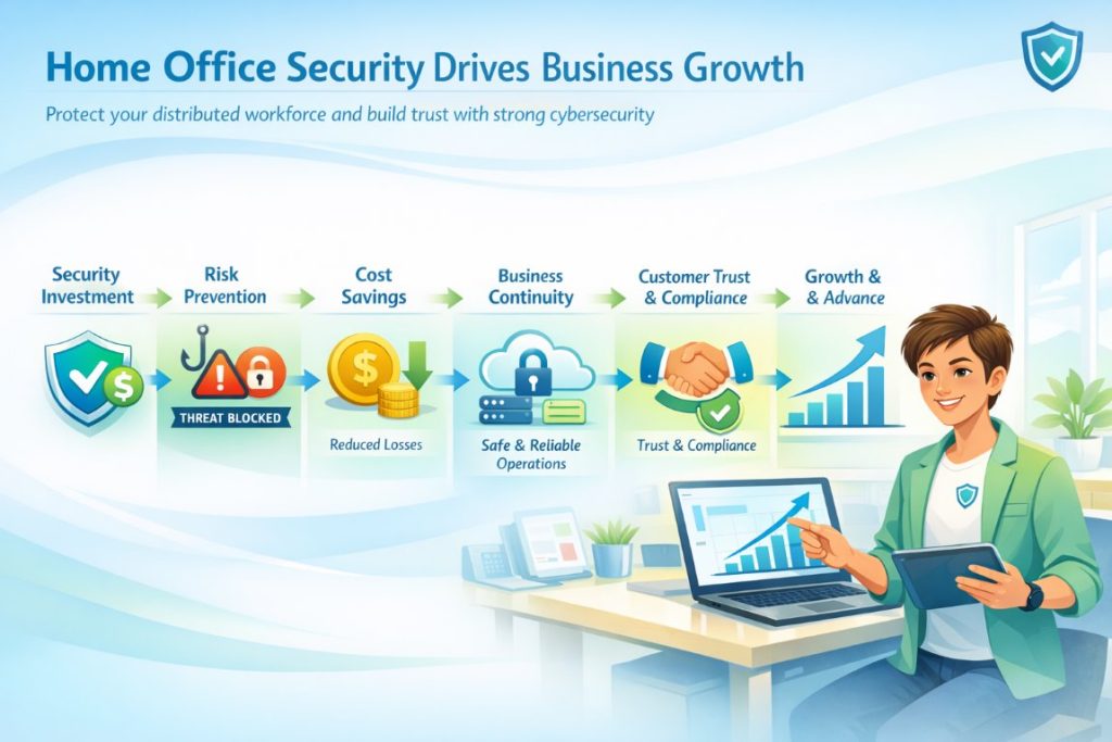 Home office security infographic showing business benefits like cost savings, data protection and growth for distributed workforce