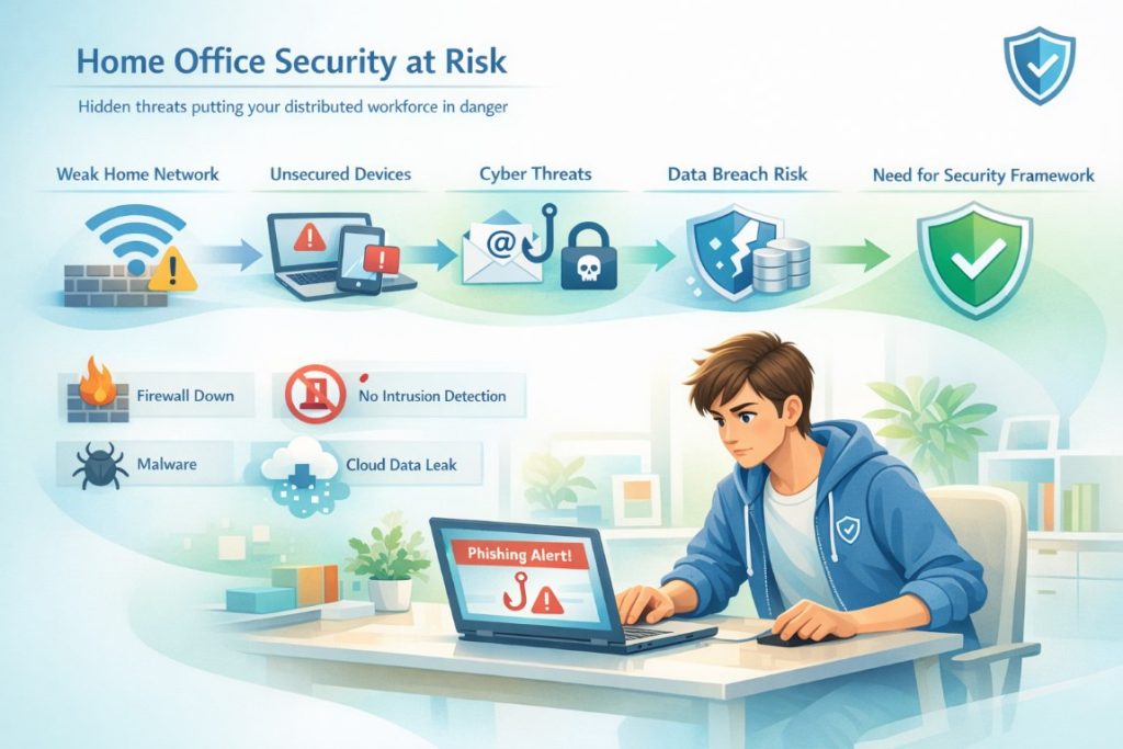 Infographic showing home office security risks in a distributed workforce including unsecured networks, devices, and cyber threats like phishing and ransomware