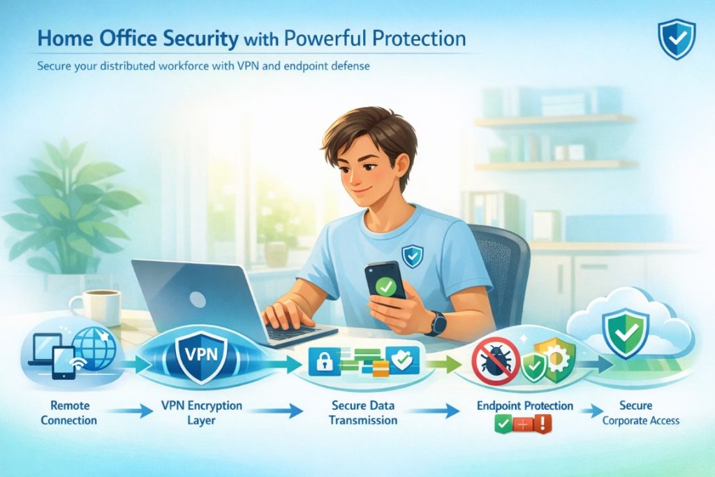 Home office security infographic showing VPN encryption and endpoint protection securing a distributed workforce and remote connections